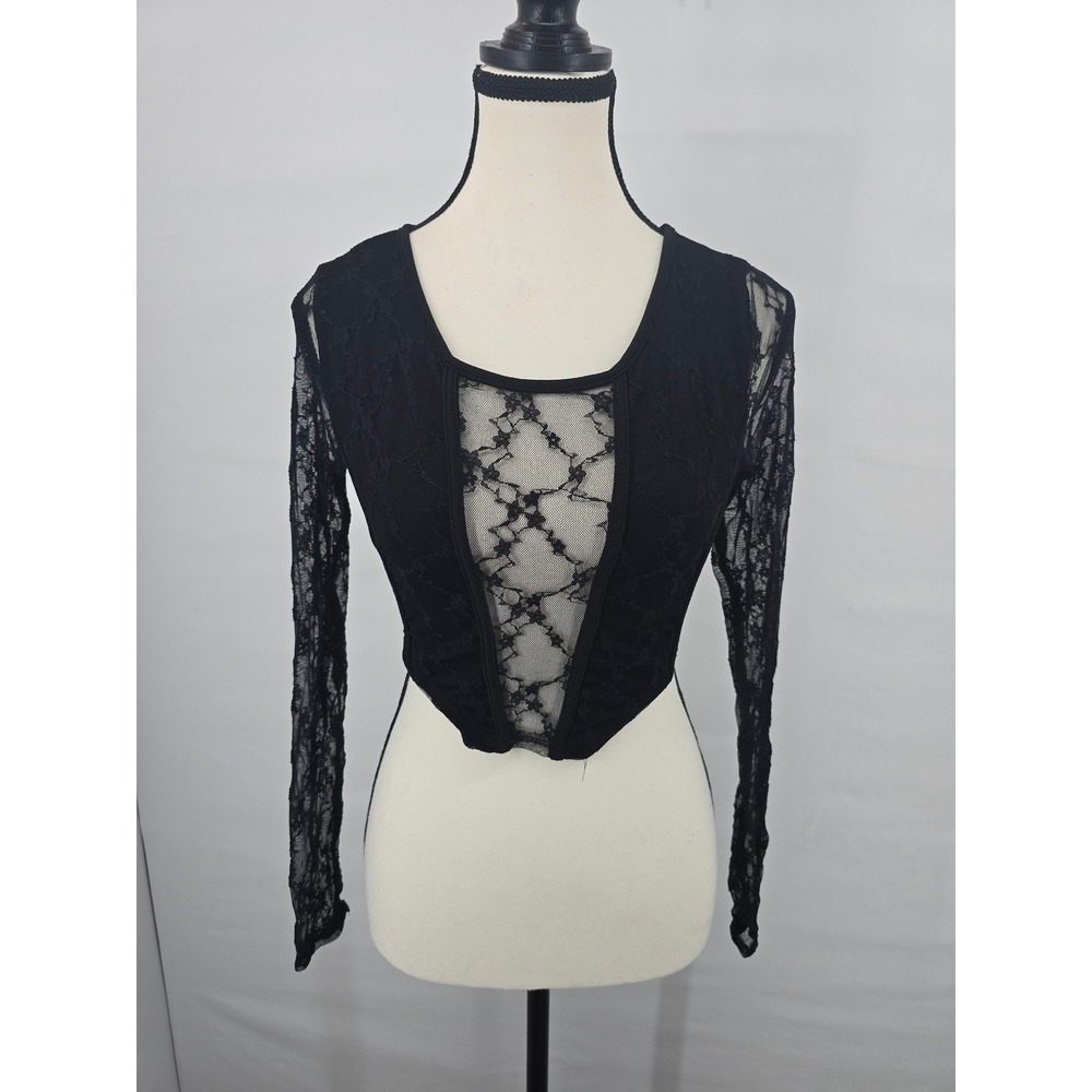 One By One Womens Black Lace‎ Long Sleeve Crop Top Sheer Mesh Panel Size S